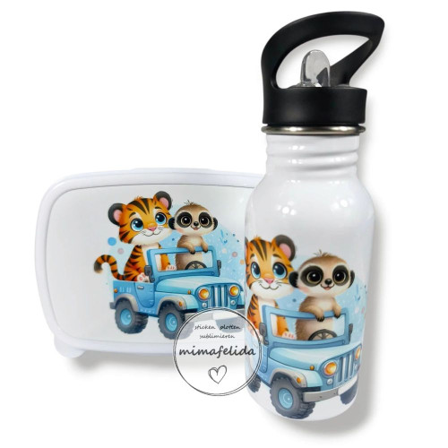 Set aus Jausenbox und Trinkflasche blau Safari mit Tiger und Erdmännchen bedruckt